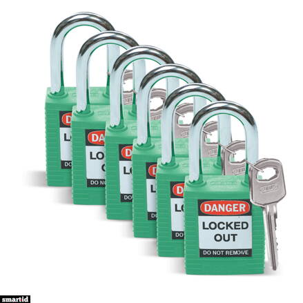 SFTY PADLOCK STEEL 38MM SHA GREEN 6/PAC
