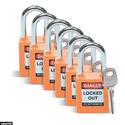 SFTY PADLOCK STEEL 38MM SHA ORANGE 6/PAC